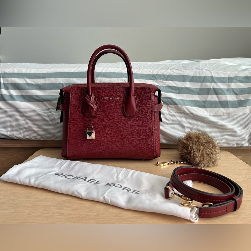 Michael Kors Mercer Small Pebbled Leather Belted Satchel in Berry